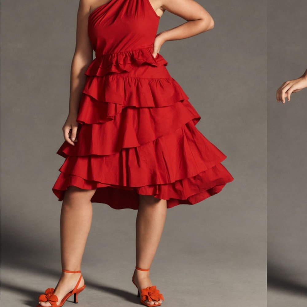 Anthropologie Plus One Shoulder Red Ruffle Dress NWT SZ 22